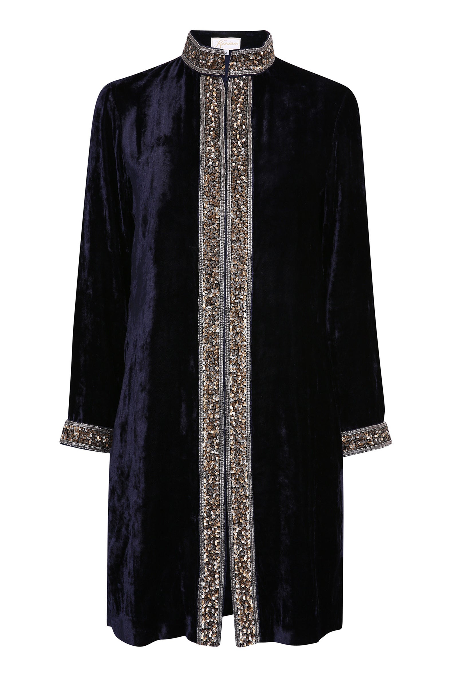 Midnight blue embroidered velvet jacket with a refined tailored silhouette by Kaminee