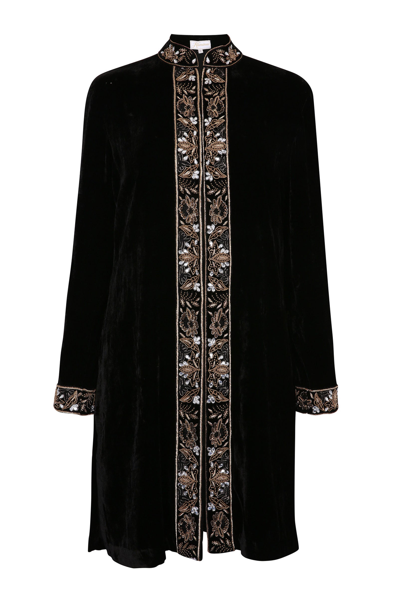 Black embroidered velvet jacket with a refined eveningwear silhouette by Kaminee