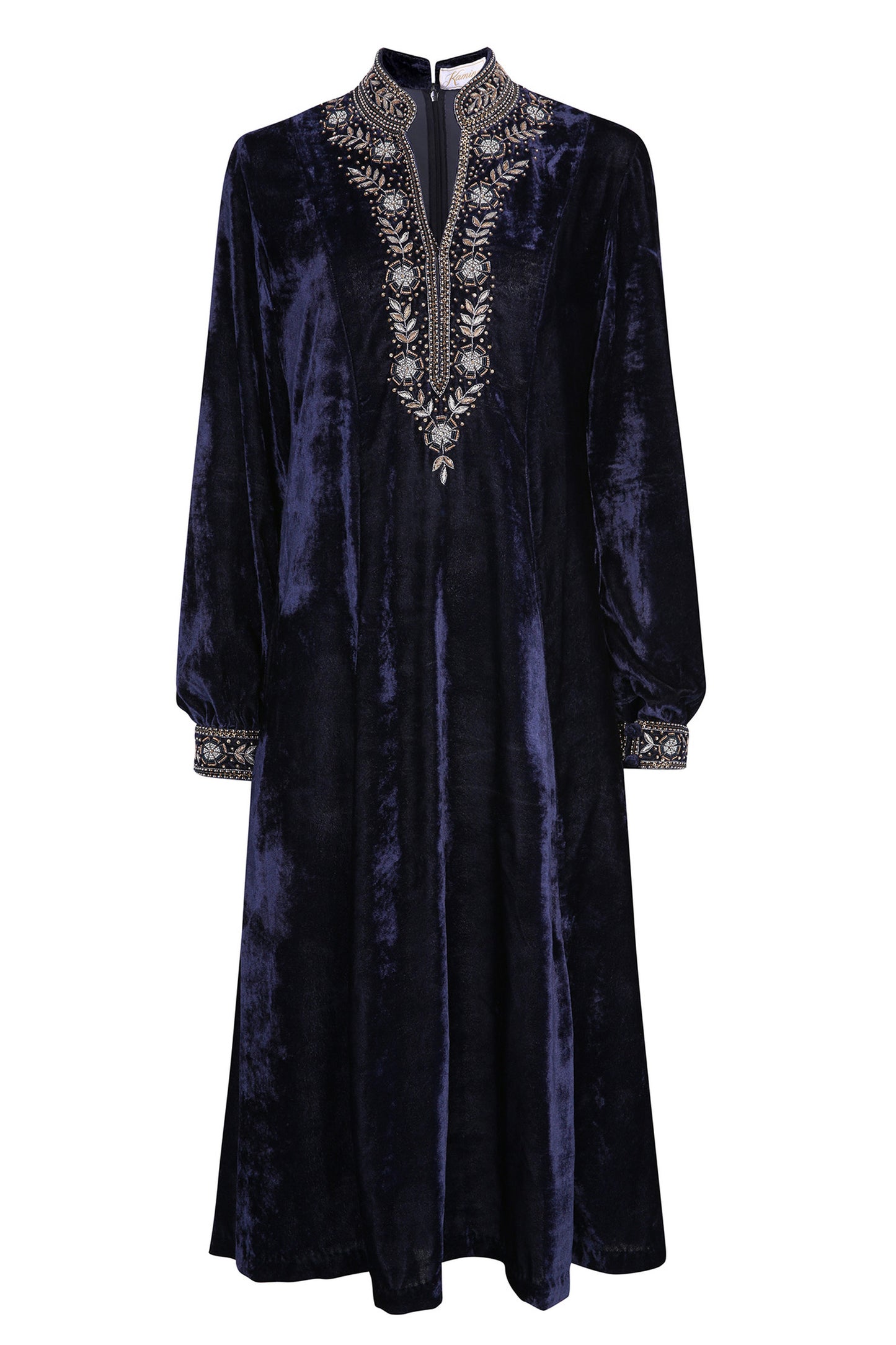 Navy embroidered velvet dress with a relaxed elegant silhouette by Kaminee