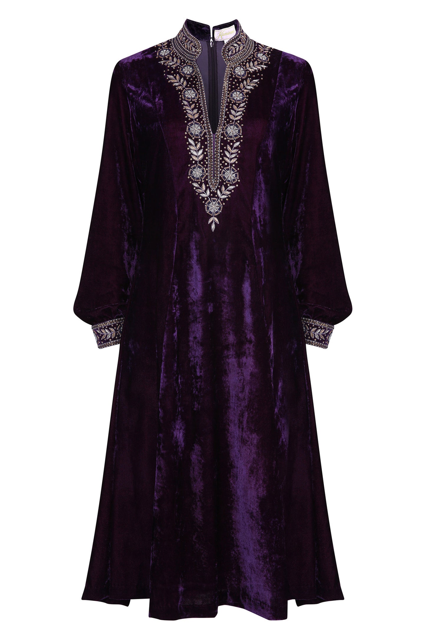 Purple embroidered velvet dress with a soft draped silhouette by Kaminee