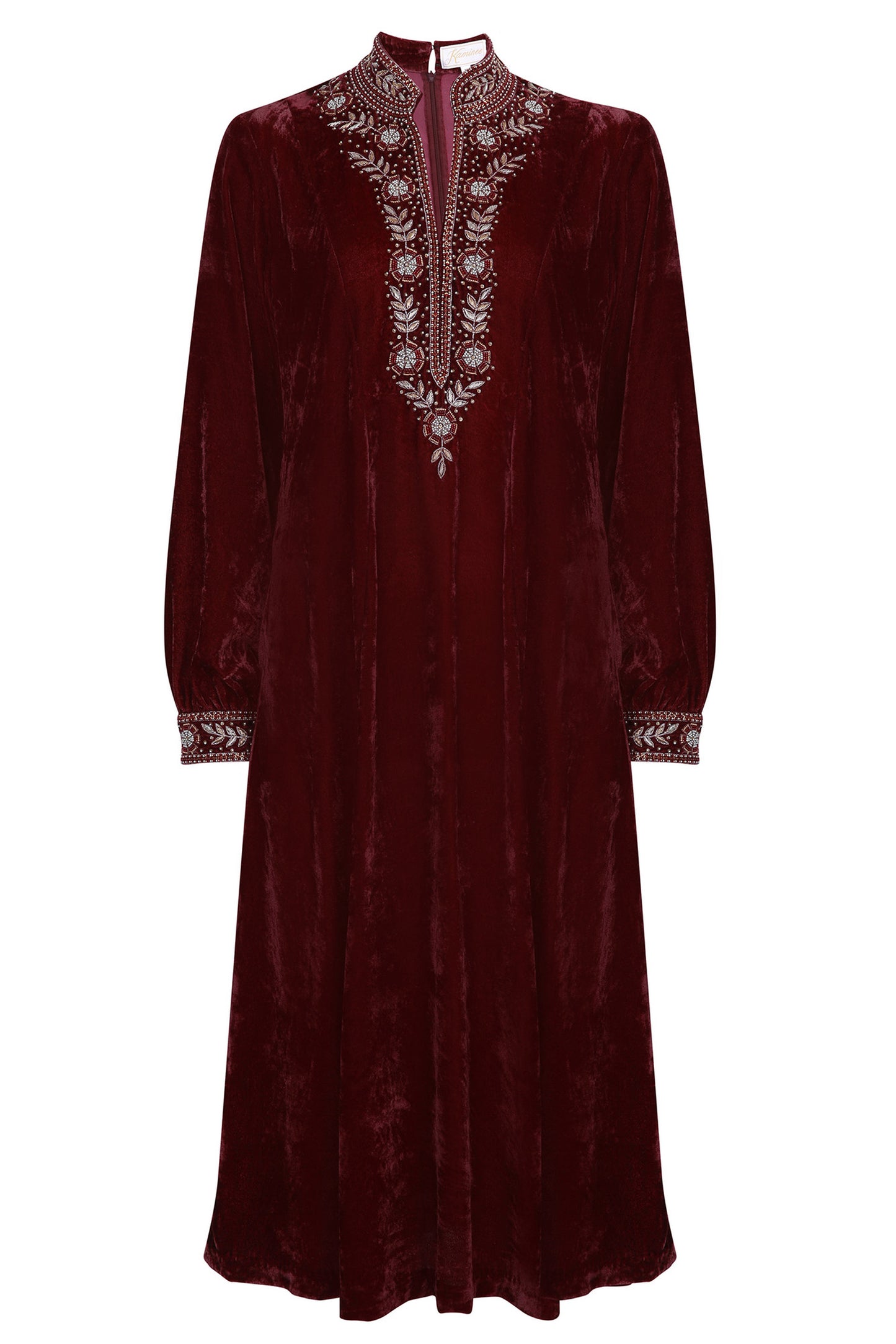 Burgundy embroidered velvet dress with a soft relaxed silhouette by Kaminee