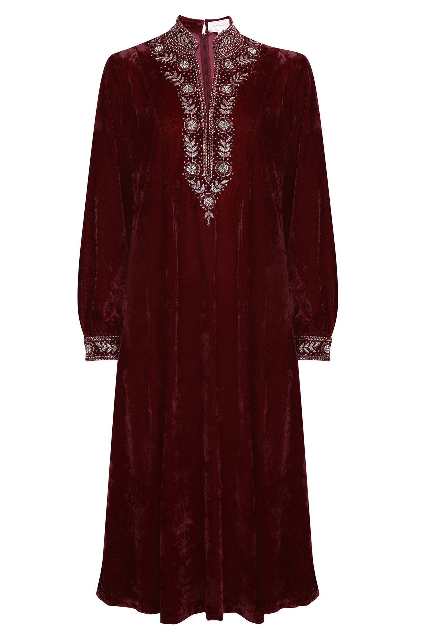 Burgundy embroidered velvet dress with a soft relaxed silhouette by Kaminee