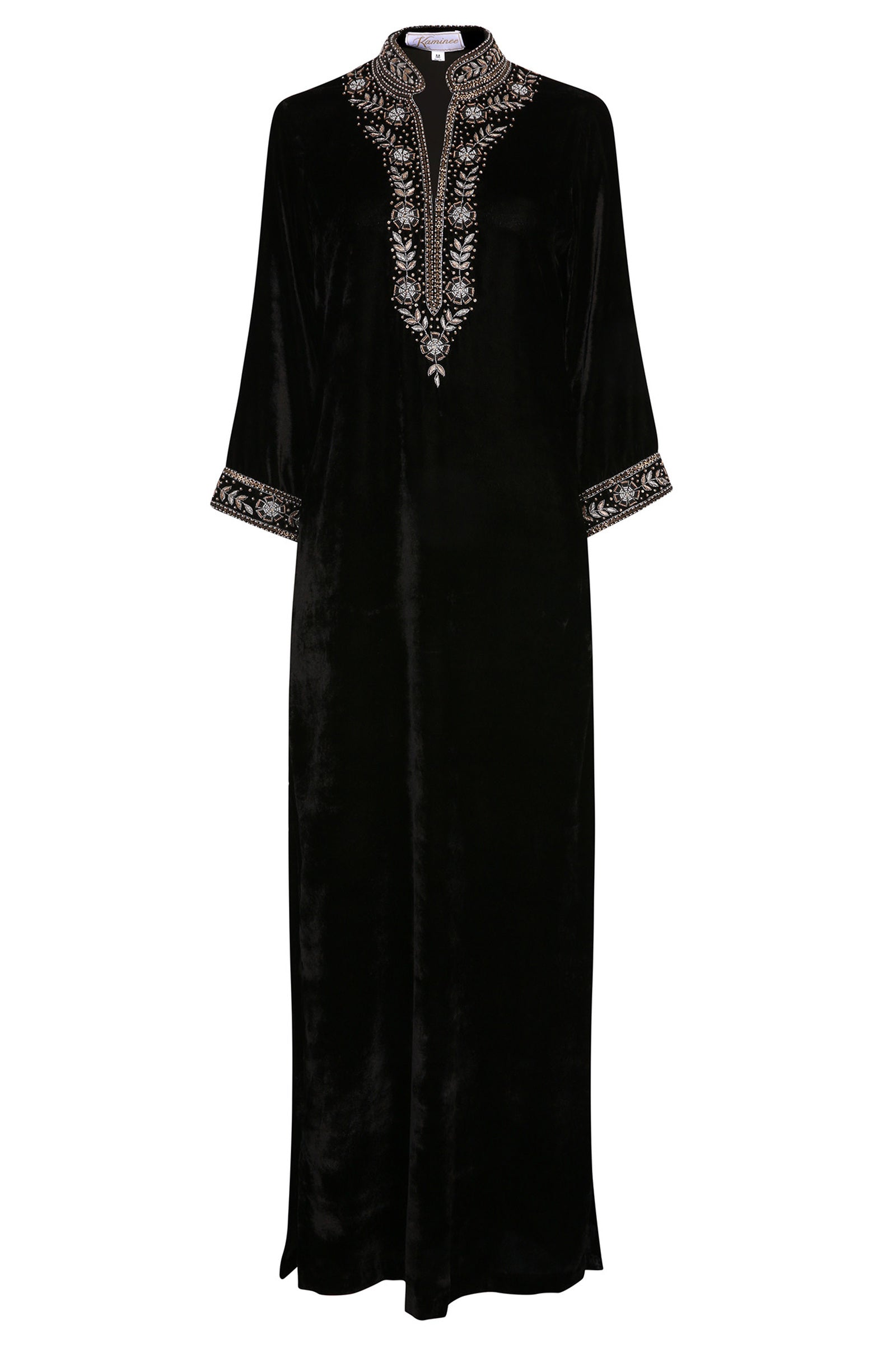 Black embroidered velvet dress with a refined eveningwear silhouette by Kaminee