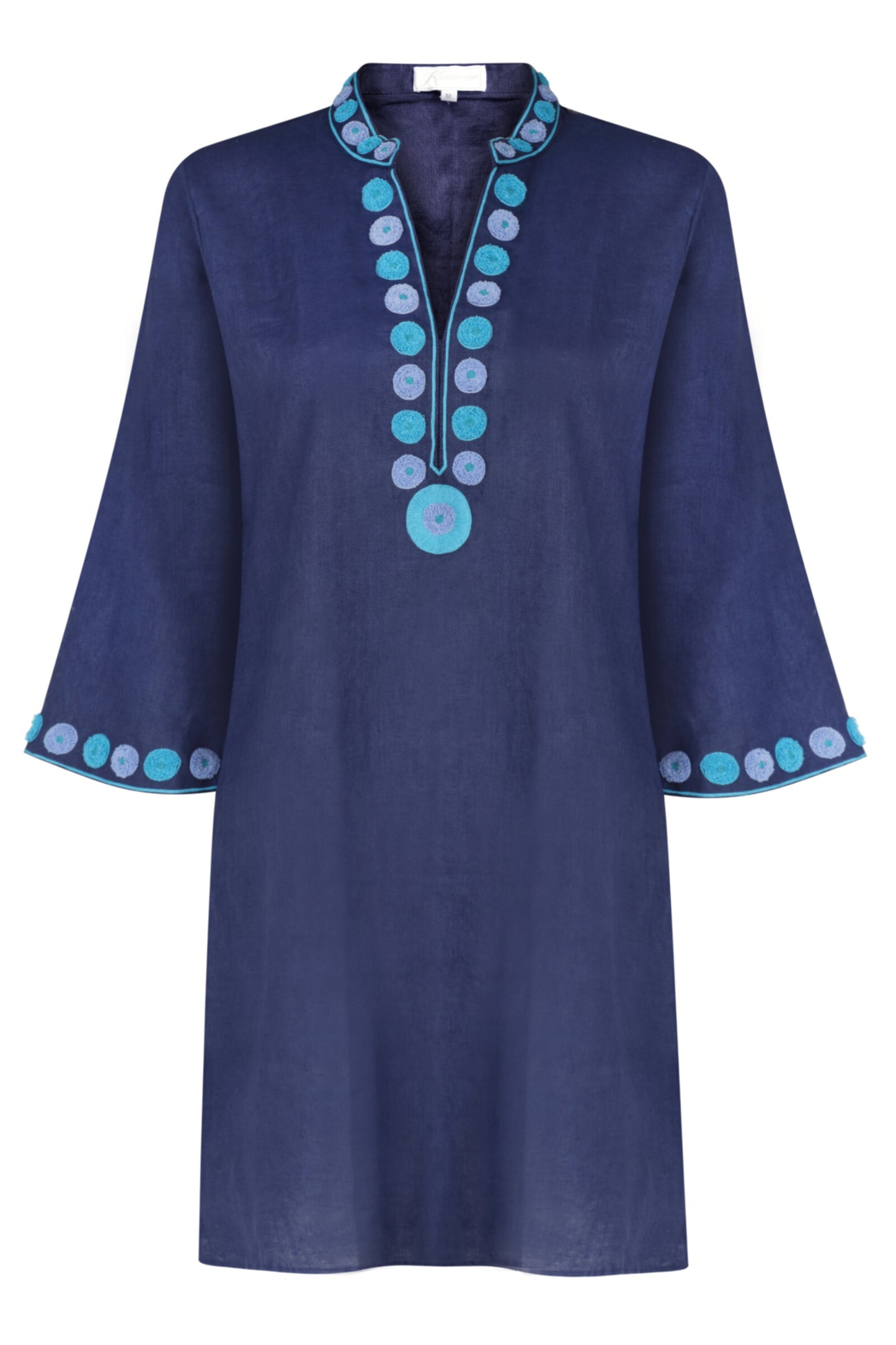 Monaco navy linen kaftan with turquoise embroidery by Kaminee