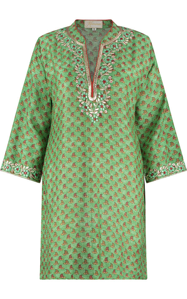 Green cotton silk kaftan by Kaminee