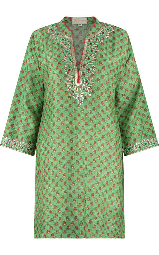 Green cotton silk kaftan by Kaminee