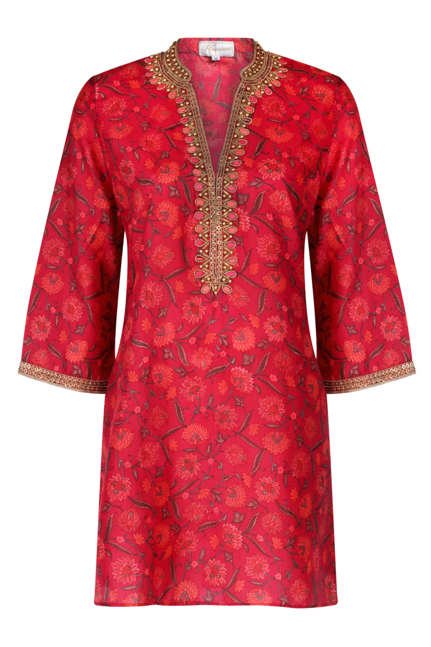 Seychelles fuchsia and orange hand-embroidered silk kaftan by Kaminee, lightweight breathable fabric with relaxed silhouette