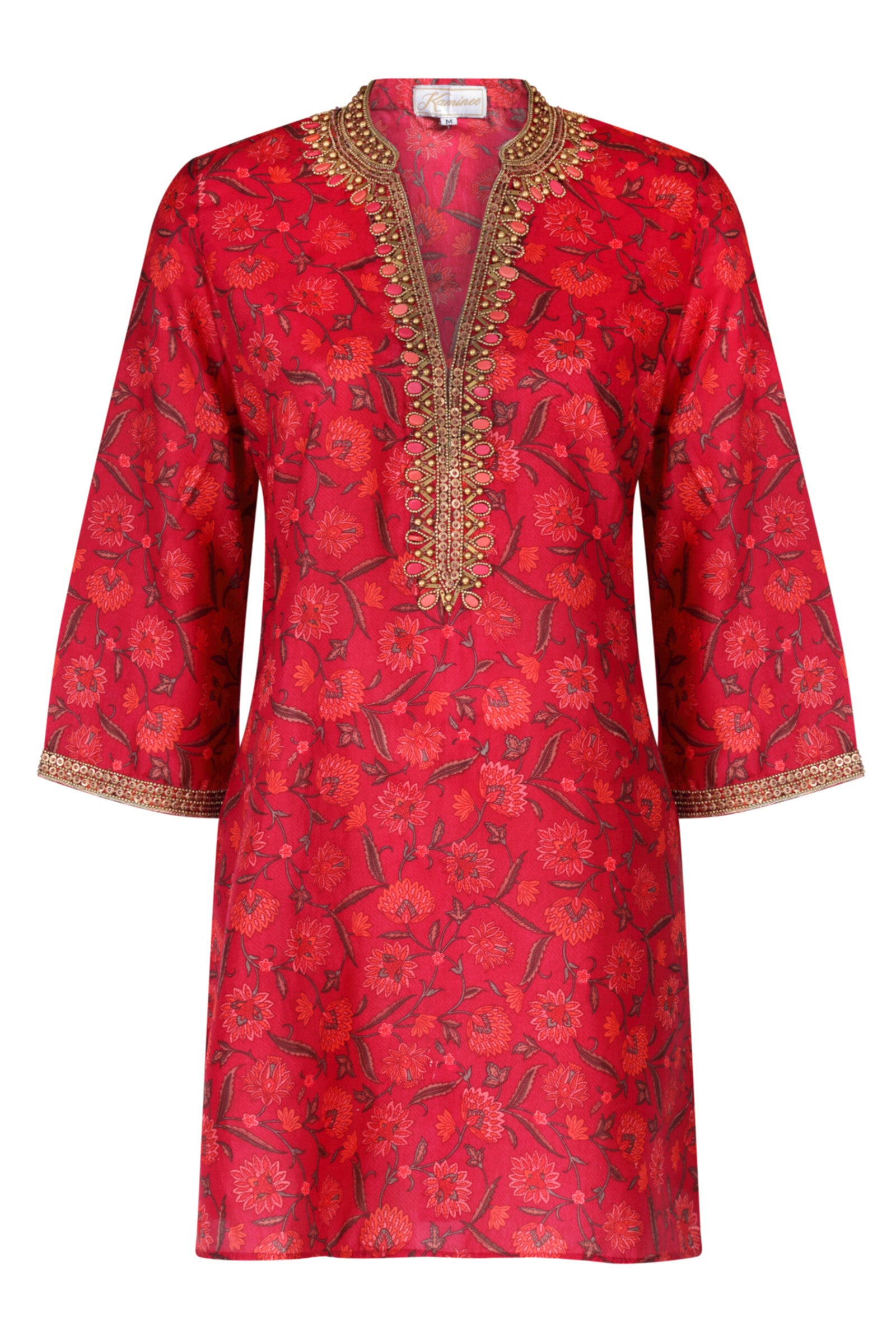 Seychelles fuchsia and orange hand-embroidered silk kaftan by Kaminee, lightweight breathable fabric with relaxed silhouette