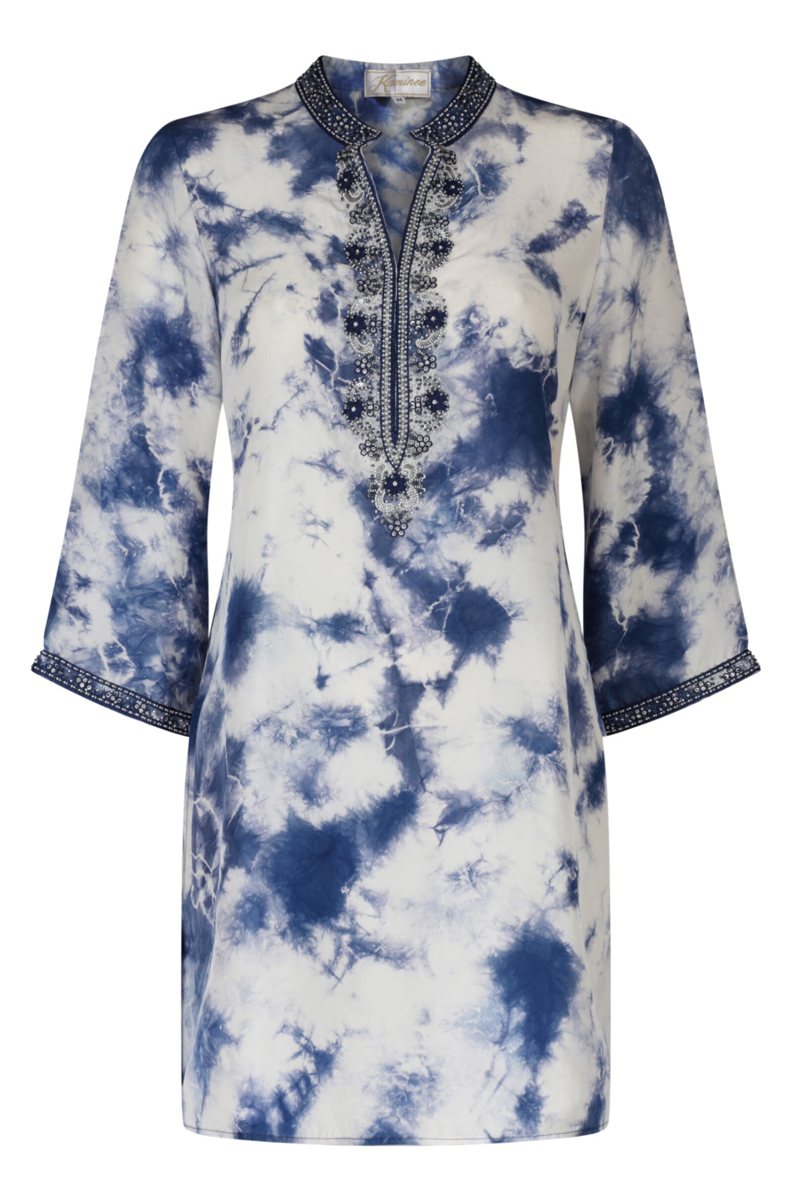 Naples white and blue tie-dye hand-embroidered silk kaftan by Kaminee, relaxed silhouette with embroidery detail