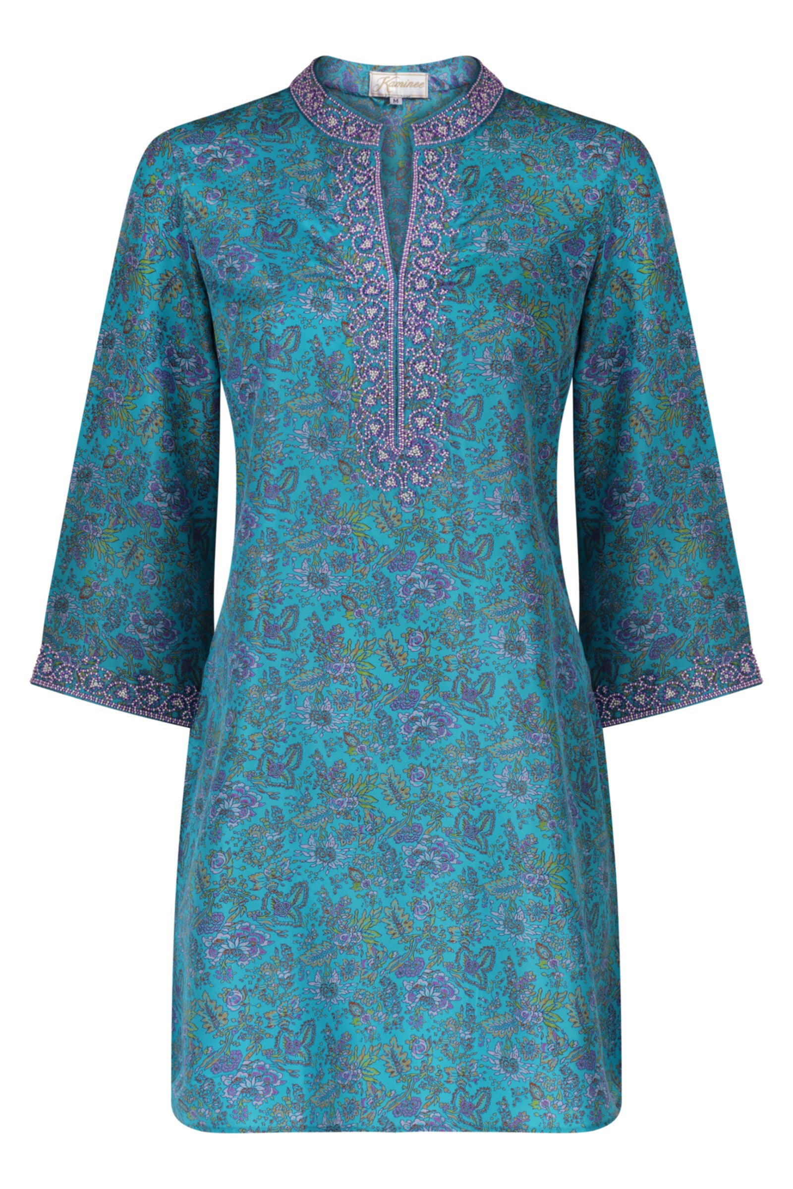 Mykonos turquoise floral printed hand-embroidered silk kaftan by Kaminee, relaxed silhouette with embroidery neckline