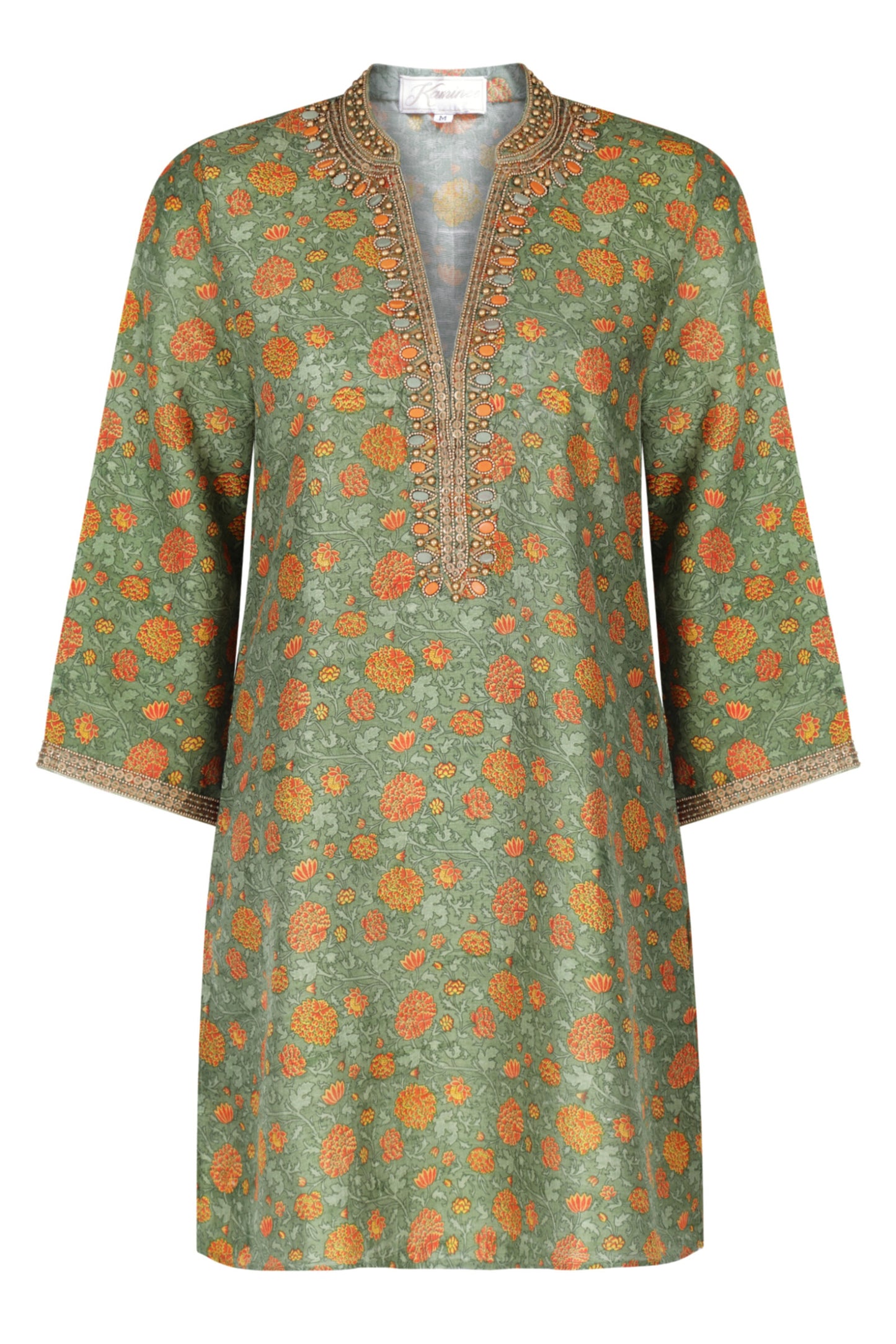 Amalfi khaki green tie-dye silk kaftan by Kaminee, hand-embroidered with beads at neckline, lightweight and airy