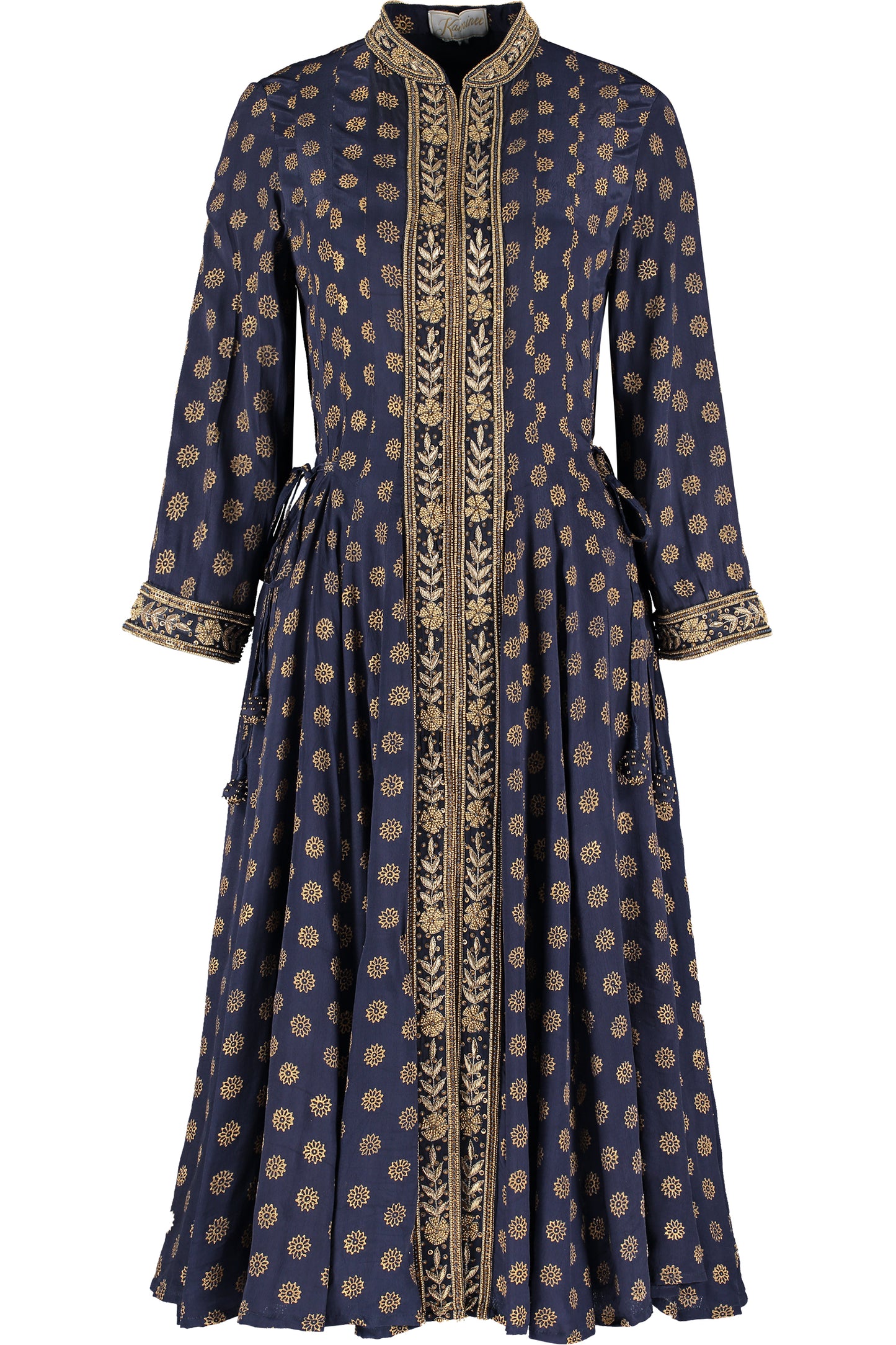 Navy silk open panel dress with an elegant relaxed silhouette by Kaminee