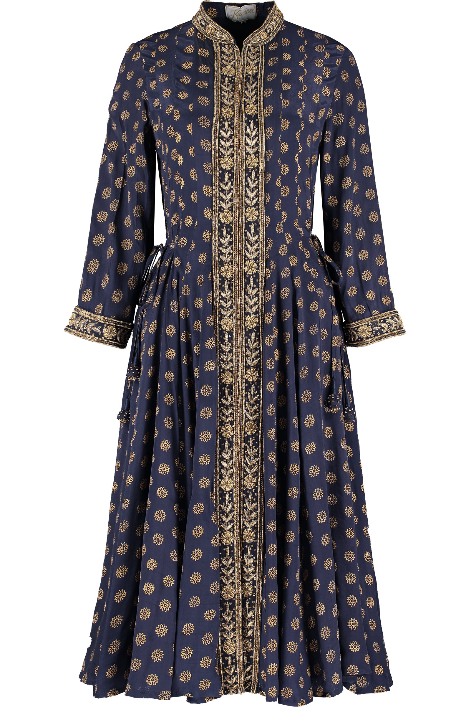 Navy silk open panel dress with an elegant relaxed silhouette by Kaminee