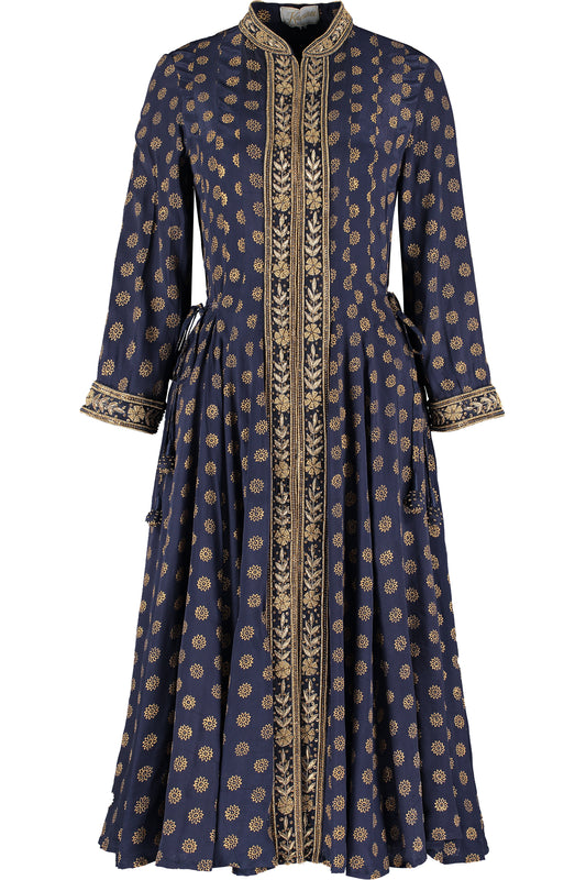 Navy silk open panel dress with an elegant relaxed silhouette by Kaminee