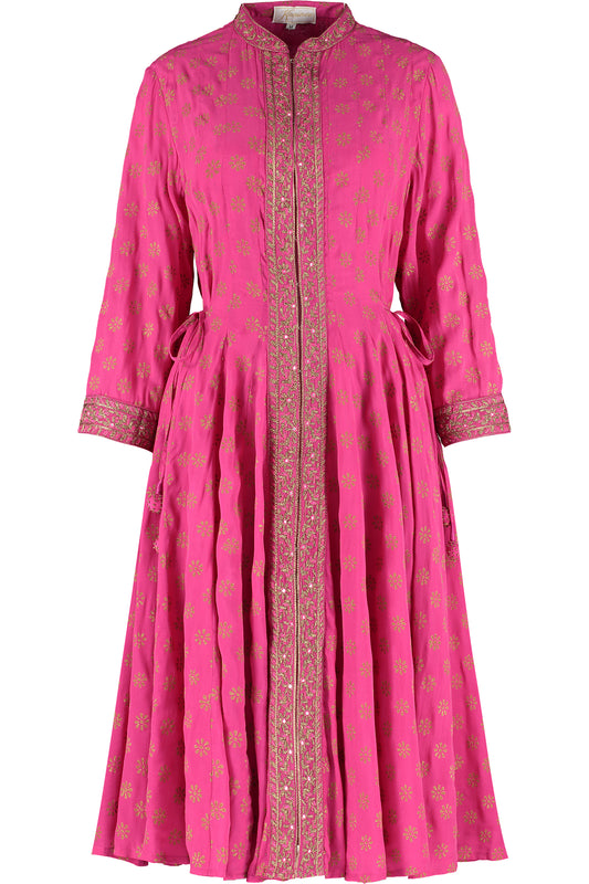 Fuchsia georgette angharkha dress with a flowing wrap-style fit by Kaminee
