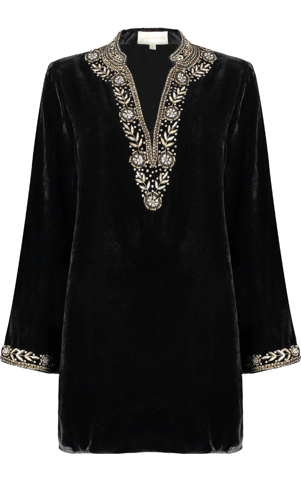 Black velvet Samode tunic by Kaminee London
