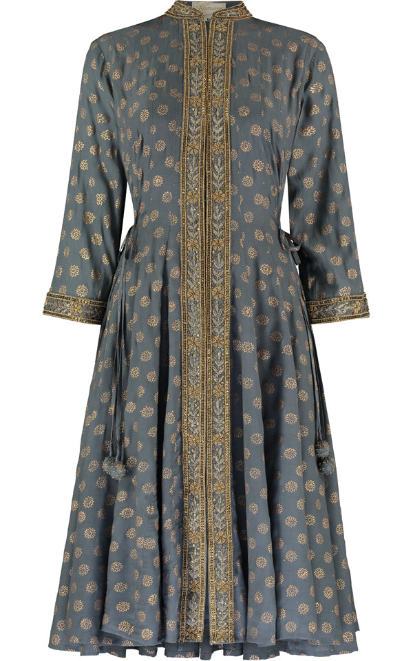 Grey silk open panel dress with a relaxed elegant fit by Kaminee