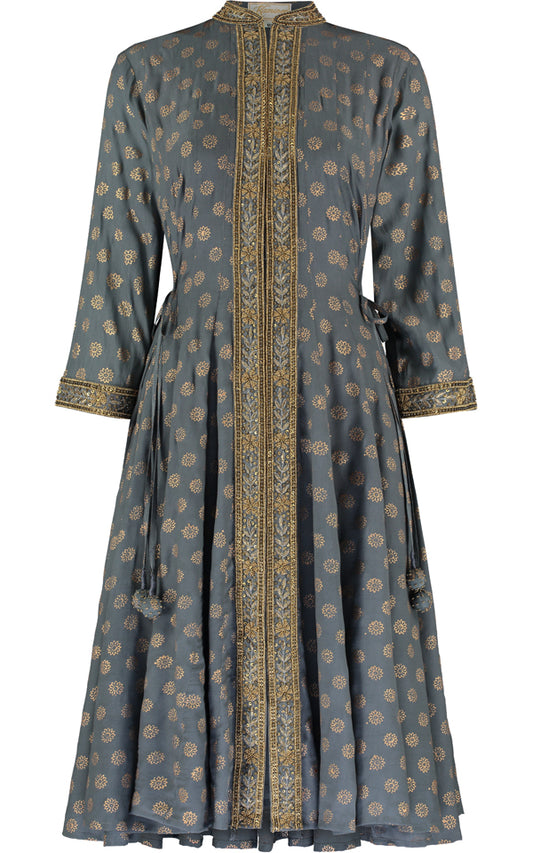 Grey silk open panel dress with a relaxed elegant fit by Kaminee
