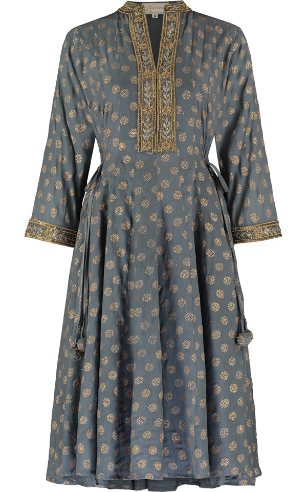 Grey silk angharkha dress with a relaxed embroidered silhouette by Kaminee