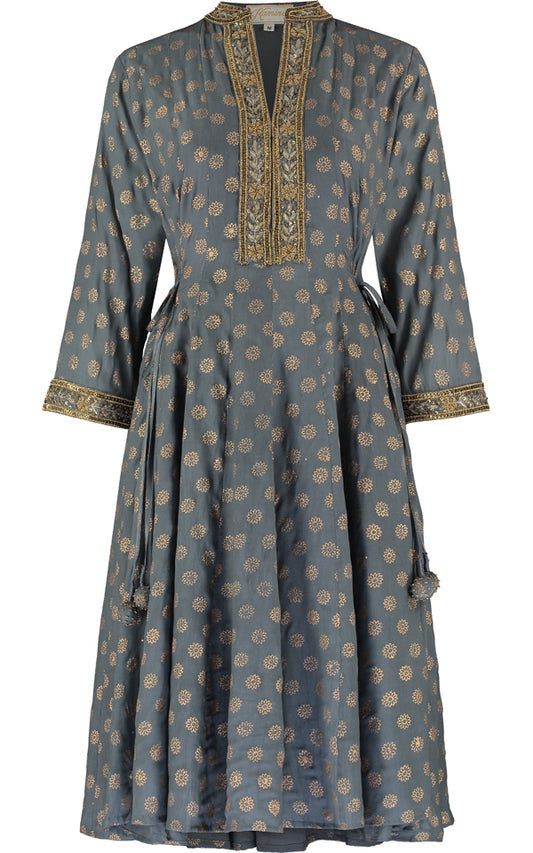 Grey silk angharkha dress with a relaxed embroidered silhouette by Kaminee
