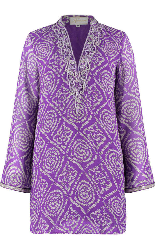 Purple silk kaftan with embroidery by Kaminee