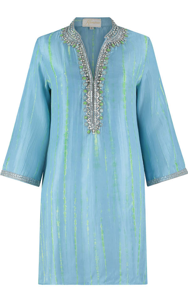 St Barts turquoise and lime tie-dye hand-embroidered silk kaftan by Kaminee, beaded neckline and lightweight fabric
