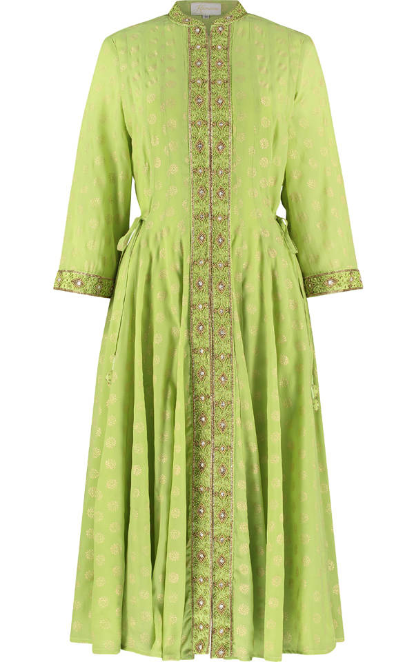Lime green silk angharkha dress with a relaxed wrap-style silhouette by Kaminee