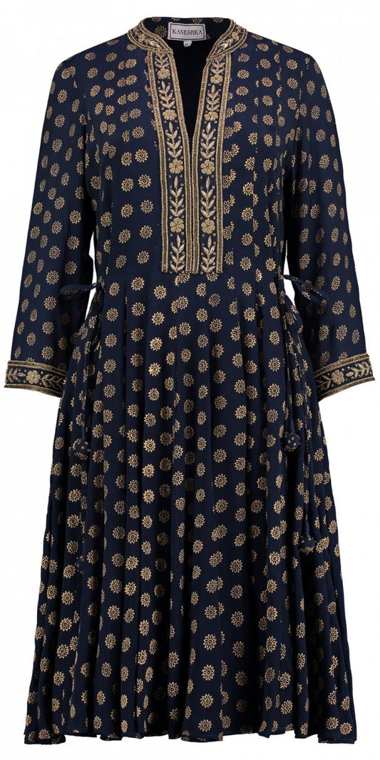 Navy embroidered silk angharkha dress with a relaxed flowing silhouette by Kaminee