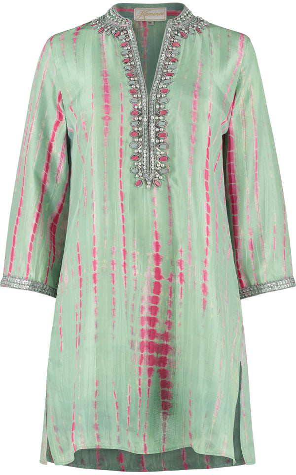 St Barts sea green and fuchsia tie-dye hand-embroidered silk kaftan by Kaminee, beaded neckline and lightweight fabric