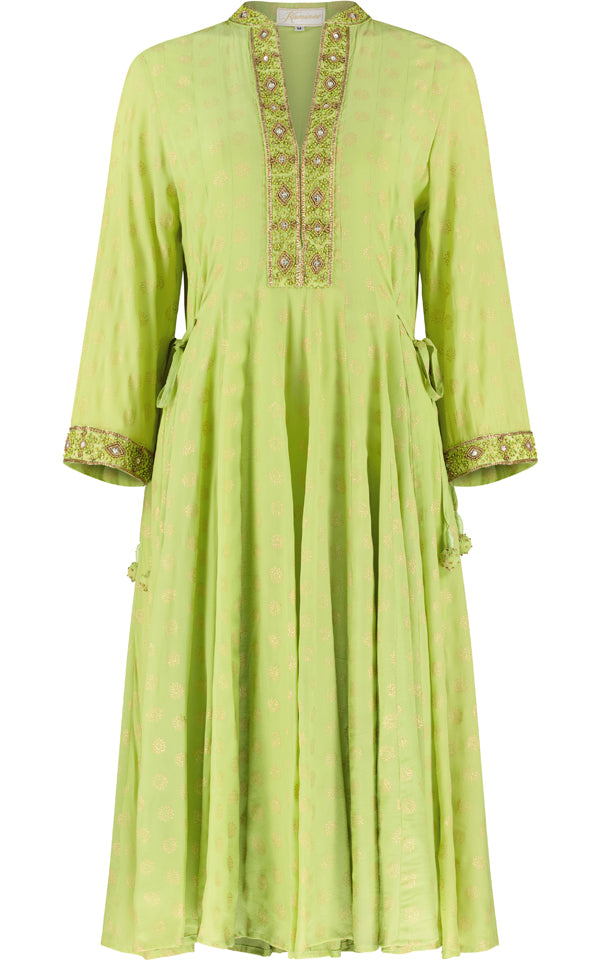 Lime green silk angharkha dress with a half-open front by Kaminee