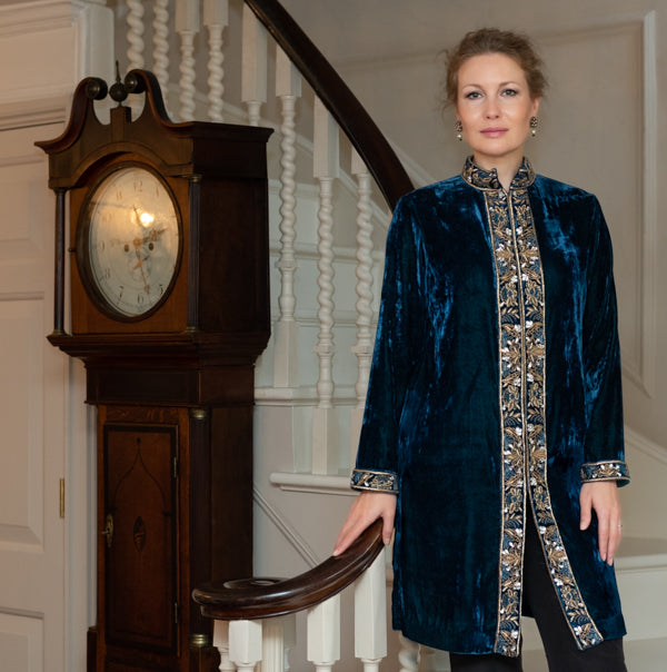 Teal embroidered velvet jacket with a relaxed tailored fit by Kaminee