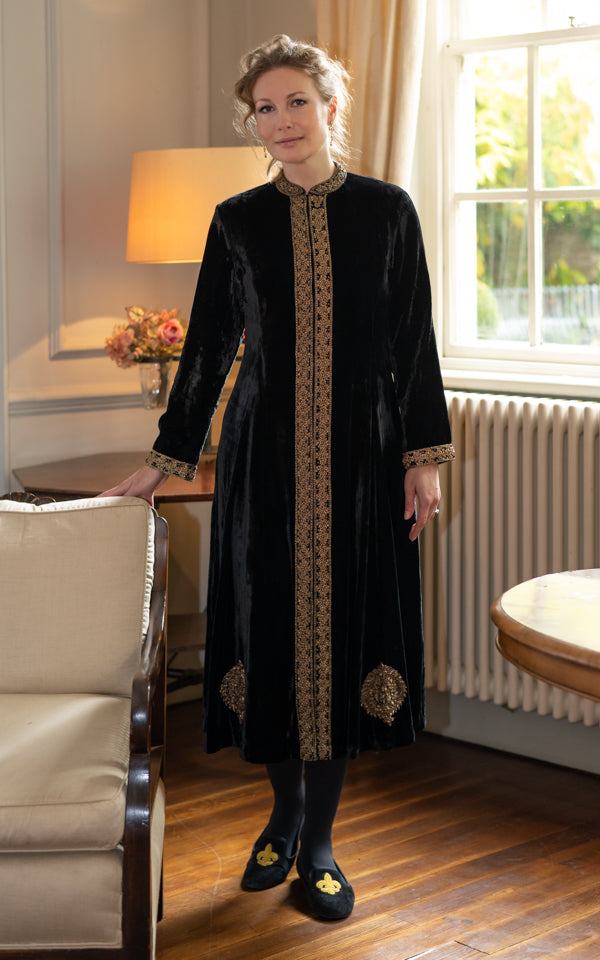 Black embroidered velvet swing jacket with an elegant flowing silhouette by Kaminee