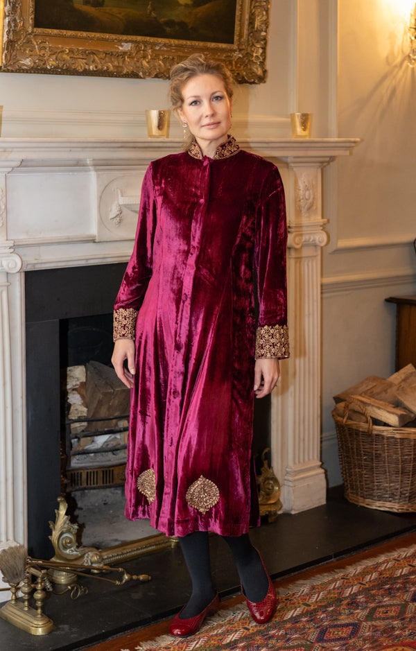 Magenta embroidered velvet swing jacket with a relaxed statement silhouette by Kaminee