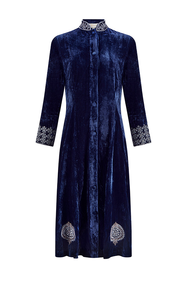 Midnight blue embroidered velvet swing jacket with a flowing silhouette by Kaminee