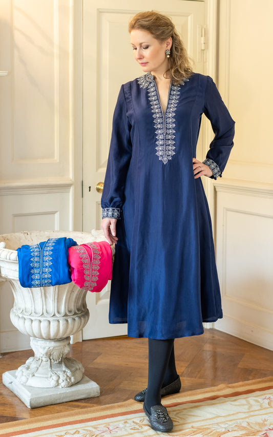 Midnight blue silk panel dress with an elegant flowing fit by Kaminee