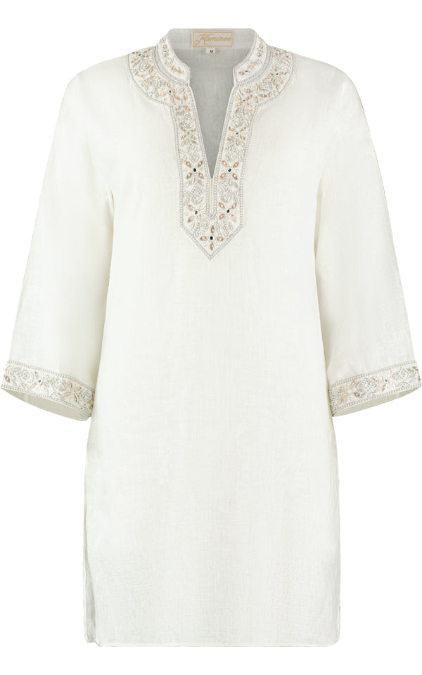 Andalucia white embroidered linen kaftan by Kaminee