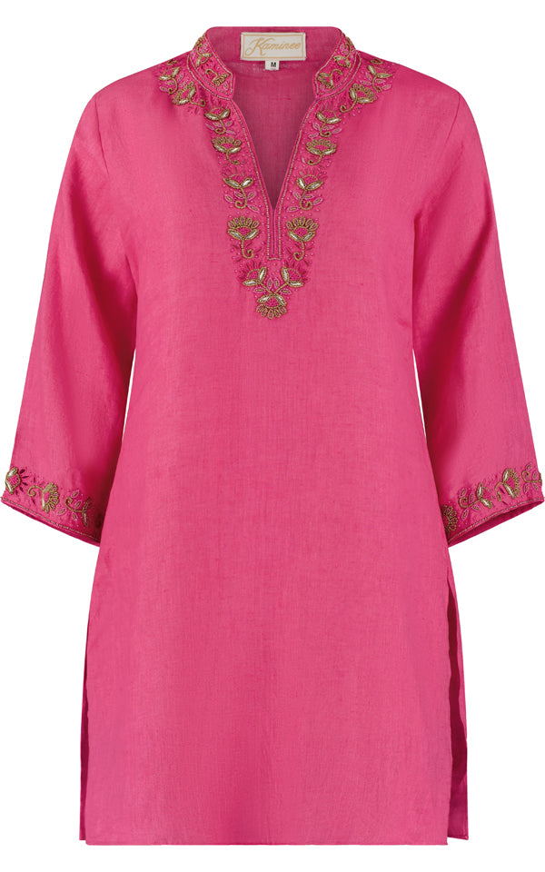 Oman fuchsia hand-embroidered linen kaftan by Kaminee