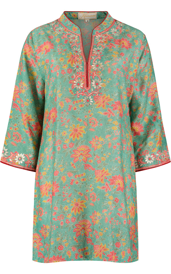 Green cotton silk kaftan by Kaminee