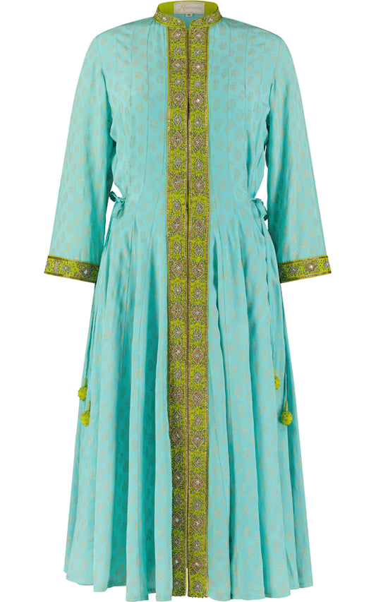 Turquoise and lime silk angharkha dress with a full front opening by Kaminee