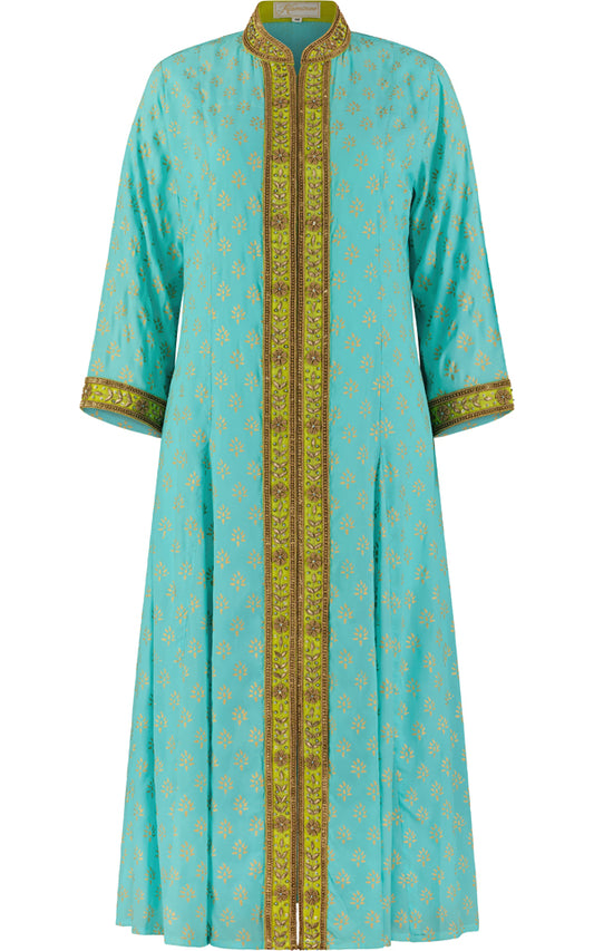 Turquoise and lime silk straight dress with a full front opening by Kaminee