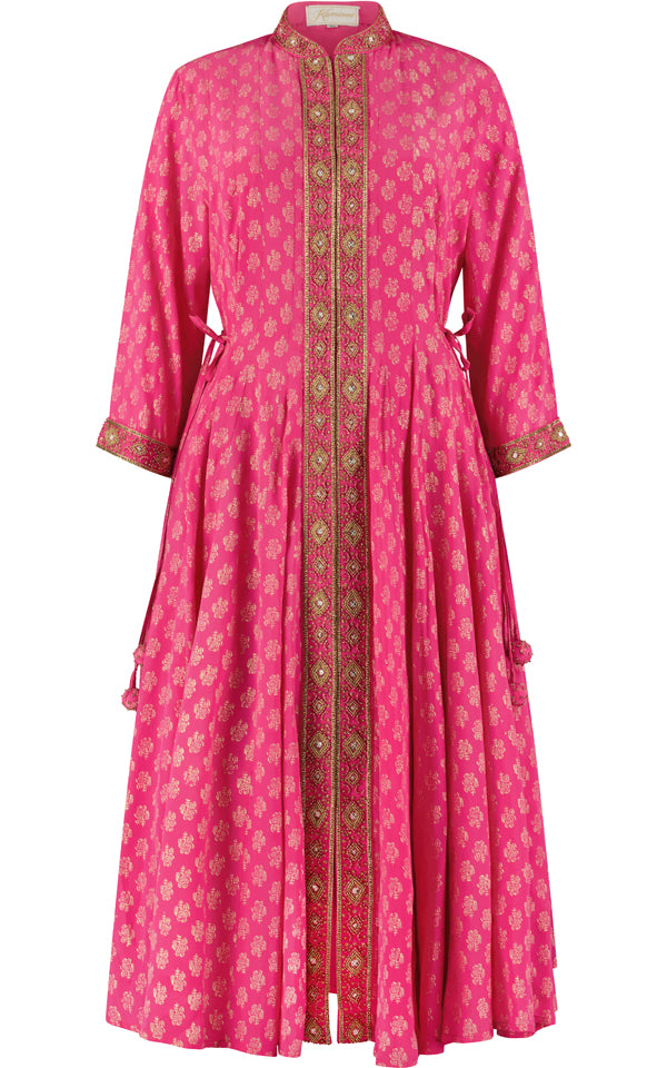 Fuchsia silk angharkha dress with a full front opening and relaxed fit by Kaminee