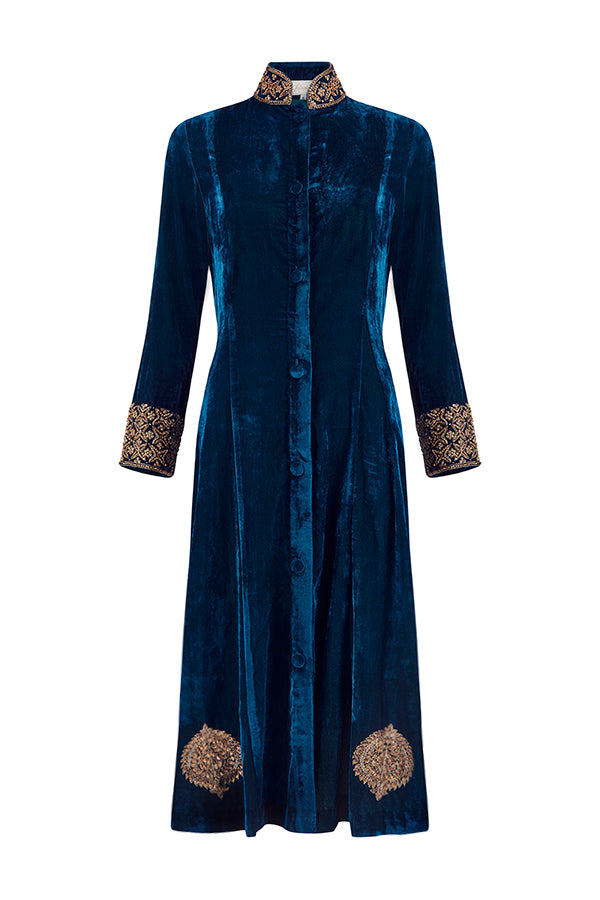 Teal embroidered velvet swing jacket with a relaxed flowing silhouette by Kaminee