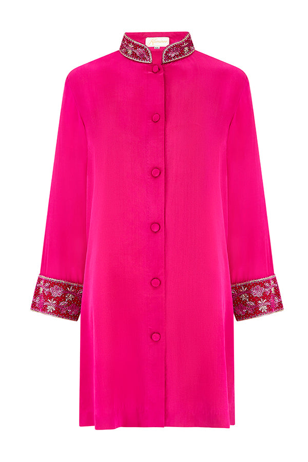 Fuchsia embroidered silk jacket with a refined occasionwear silhouette by Kaminee