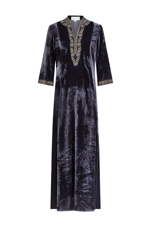 Full-length grey embroidered velvet dress with a soft flowing silhouette by Kaminee