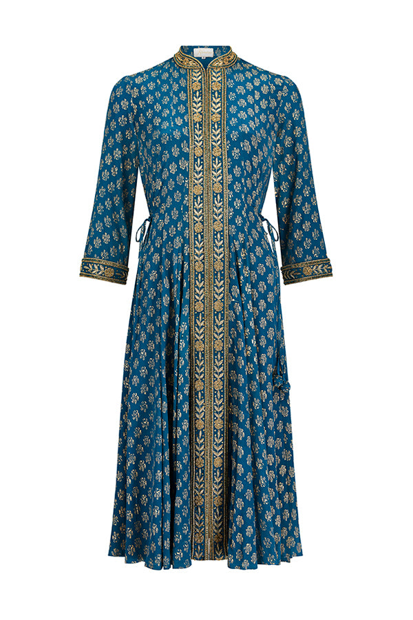Petrol blue silk open panel dress with an elegant flowing silhouette by Kaminee