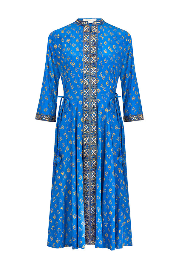 Bright blue silk open panel dress with gold gota embroidery by Kaminee