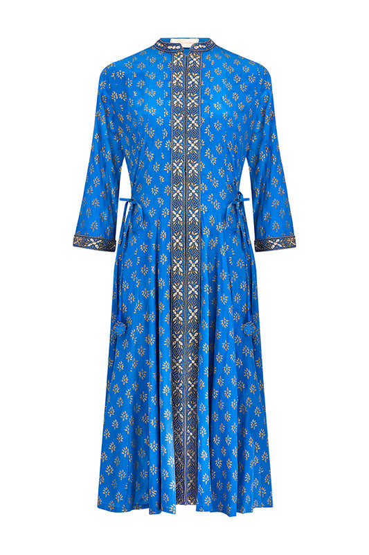 Bright blue silk open panel dress with gold gota embroidery by Kaminee