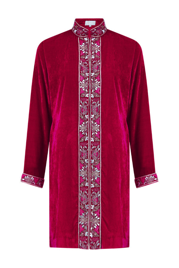 Fuchsia embroidered velvet jacket with a relaxed elegant silhouette by Kaminee