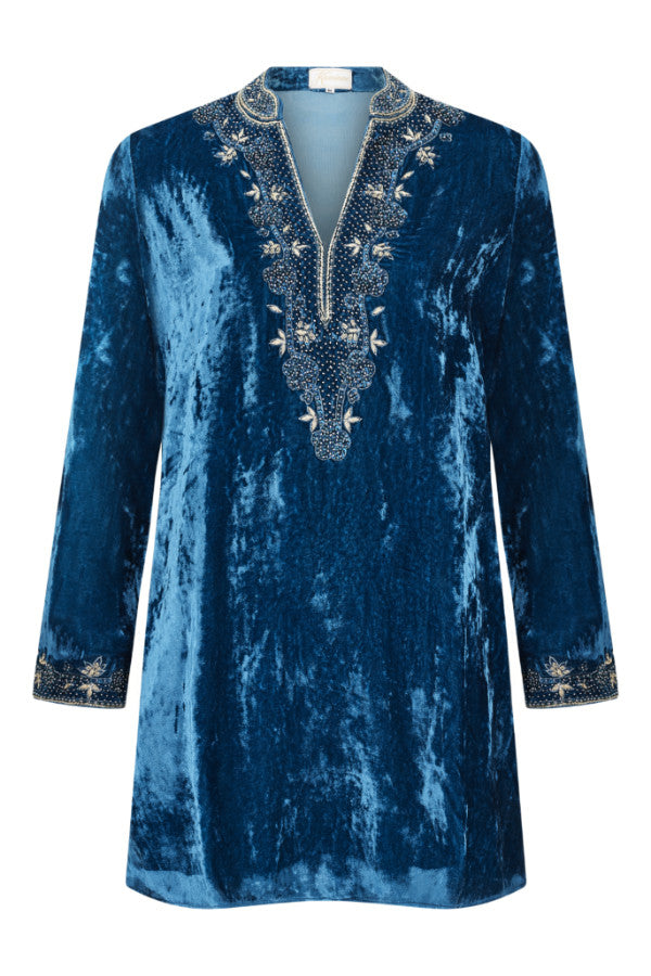 Petrol blue velvet Devi Garh tunic by Kaminee London