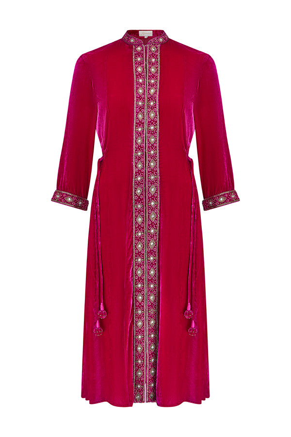 Fuchsia embroidered velvet dress with a relaxed elegant fit by Kaminee